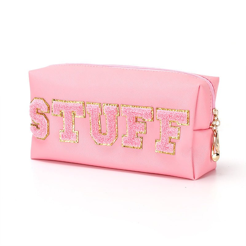 Vibrant Chenille 5 - Letter PU Waterproof Large Makeup Carry Bag Ivory White