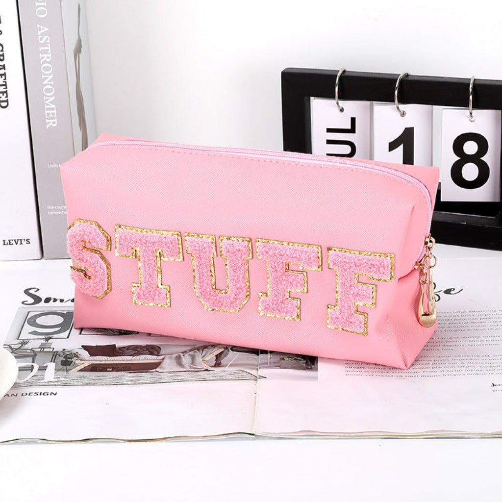 Vibrant Chenille 5 - Letter PU Waterproof Large Makeup Carry Bag Ivory White