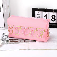 Vibrant Chenille 5 - Letter PU Waterproof Large Makeup Carry Bag Ivory White