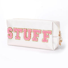 Vibrant Chenille 5 - Letter PU Waterproof Large Makeup Carry Bag Ivory White