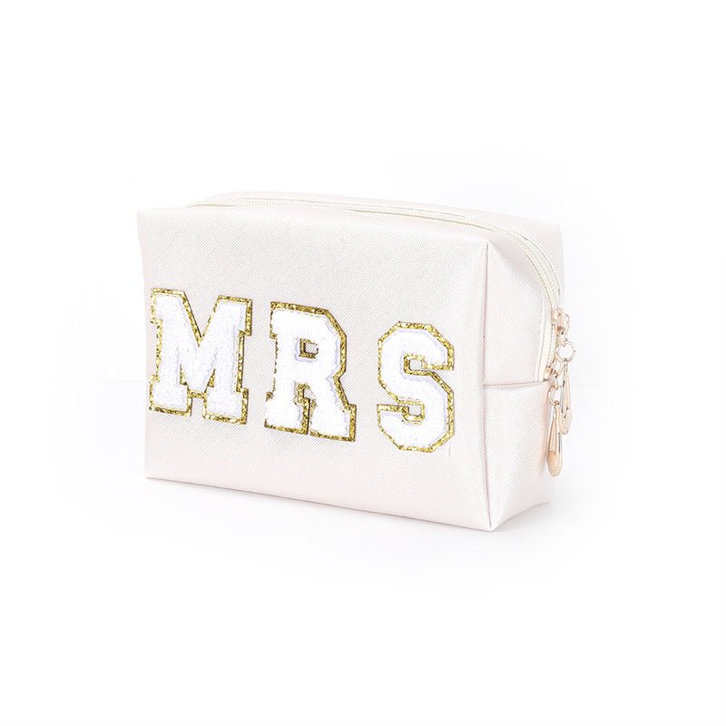 Vibrant Chenille 5 - Letter PU Waterproof Large Makeup Carry Bag Milky White