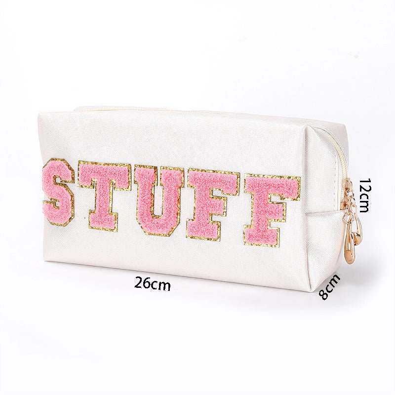 Vibrant Chenille 5 - Letter PU Waterproof Large Makeup Carry Bag Ivory White