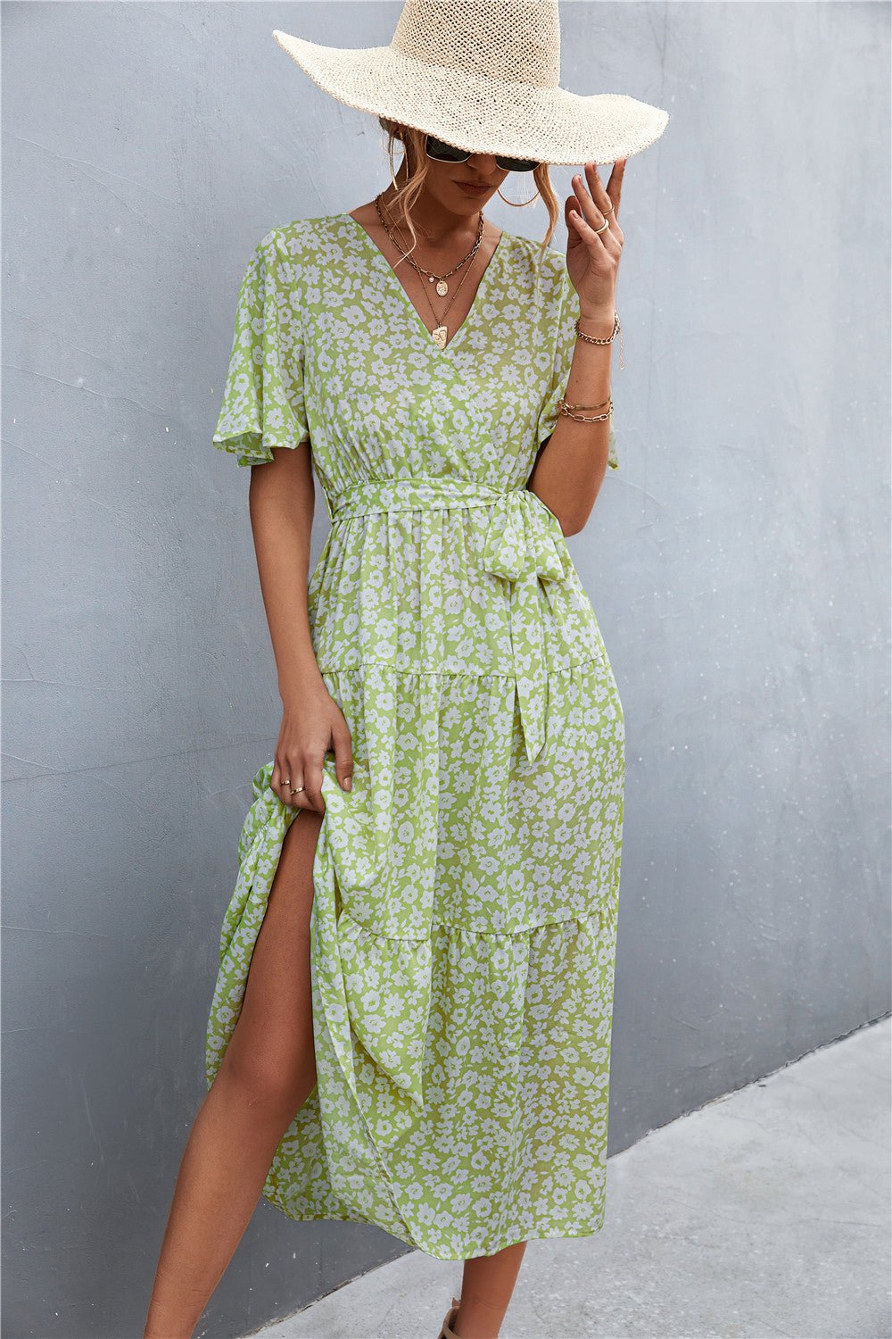 Vibrant Polka Dot Floral Tied Dress for Women Light Green