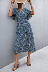 Vibrant Polka Dot Floral Tied Dress for Women Blue