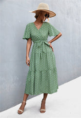 Vibrant Polka Dot Floral Tied Dress for Women Green