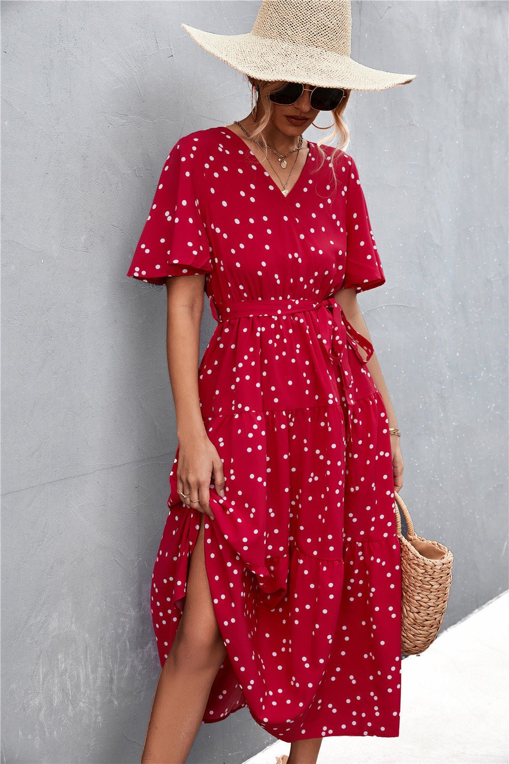 Vibrant Polka Dot Floral Tied Dress for Women Red