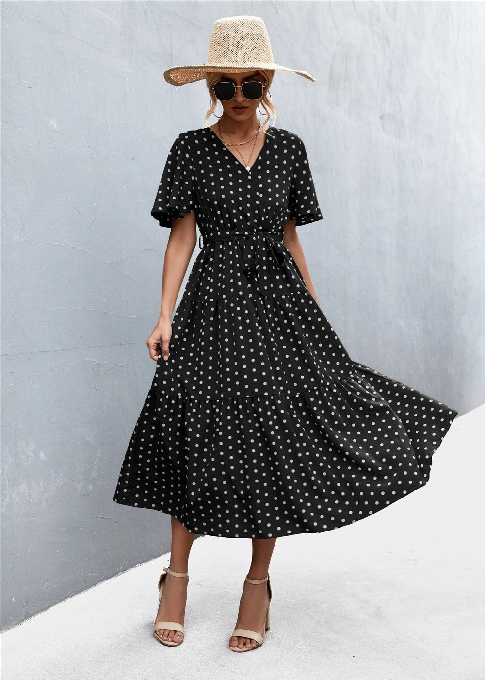 Vibrant Polka Dot Floral Tied Dress for Women Black