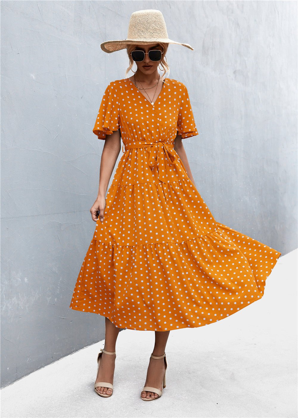 Vibrant Polka Dot Floral Tied Dress for Women Orange