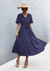 Vibrant Polka Dot Floral Tied Dress for Women Navy Blue