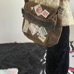 Vintage American Patch Distressed XINGX Crossbody Bag for Autumn Brown