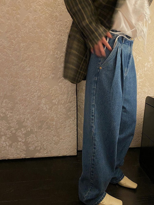 Vintage Denim Wide Leg Spring And Autumn High Waist Blue