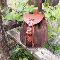 Vintage Drawstring Outdoor Pocket Bag with a Medieval Touch Brown Suede