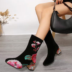 Vintage Embroidery Autumn And Winter Women's Boots Black