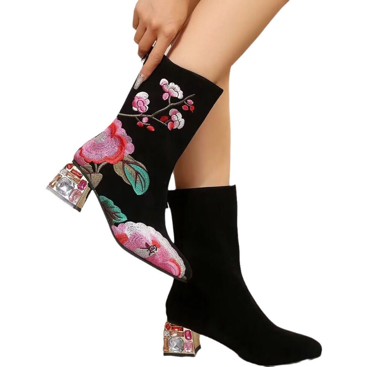 Vintage Embroidery Autumn And Winter Women's Boots Black