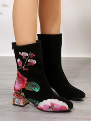 Vintage Embroidery Autumn And Winter Women's Boots Black