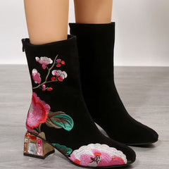 Vintage Embroidery Autumn And Winter Women's Boots Black