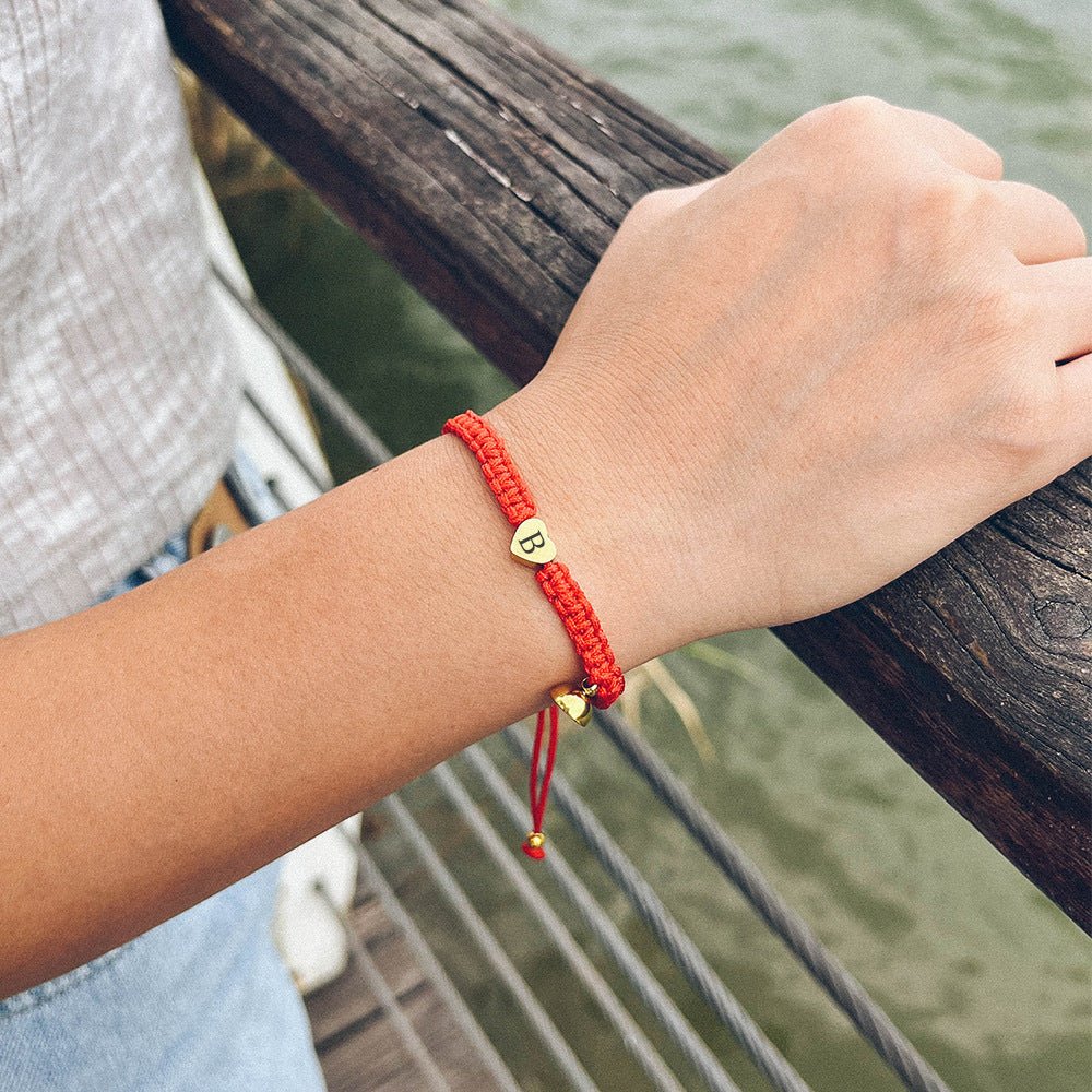 Vintage Hand - woven Stainless Steel Heart Couple Bracelet Golden Red