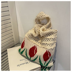 Vintage Knitted Tulip Flower Shoulder Bag Beige Red Flower