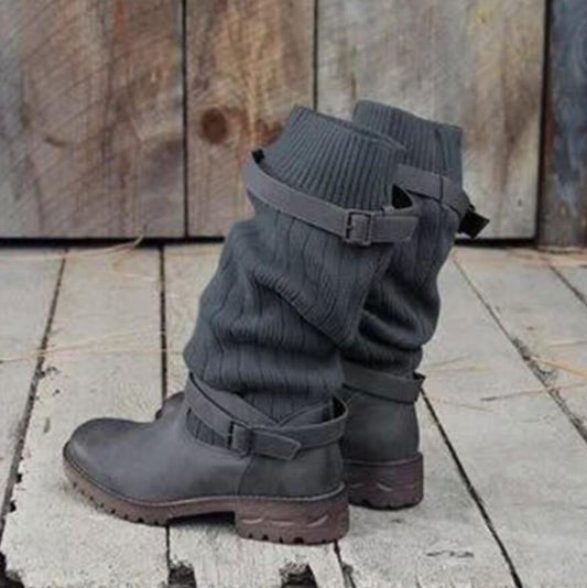 Vintage Style Winter Warm Plush Fur Knitted Woolen Cotton Booties – Martin Boots for Women Gray