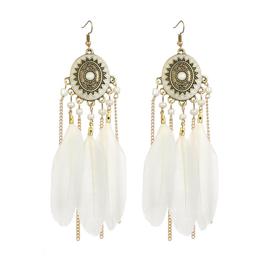 Vintage White Feather Tassel Earrings – Boho Chic Accessory White 2016