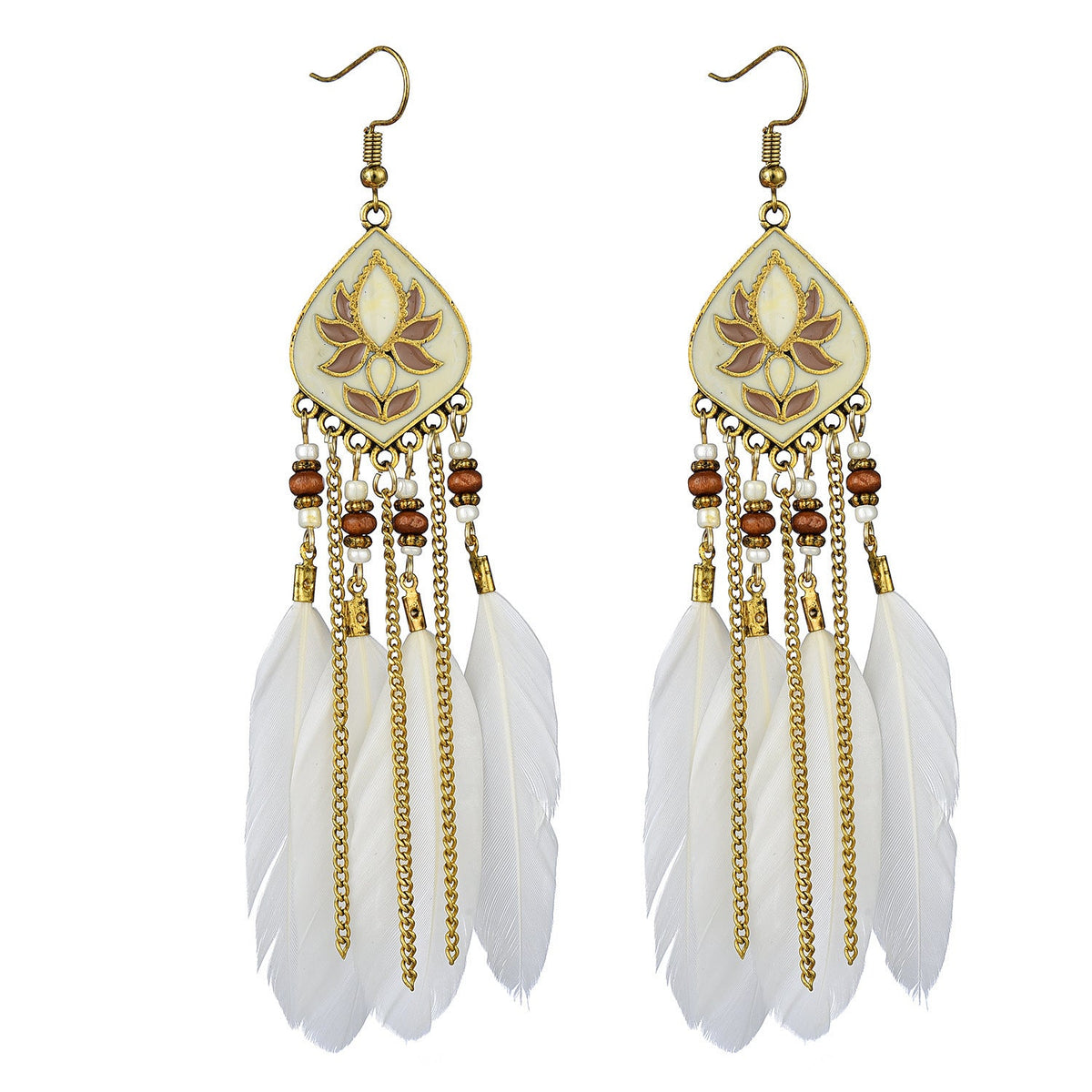 Vintage White Feather Tassel Earrings – Boho Chic Accessory White 2057