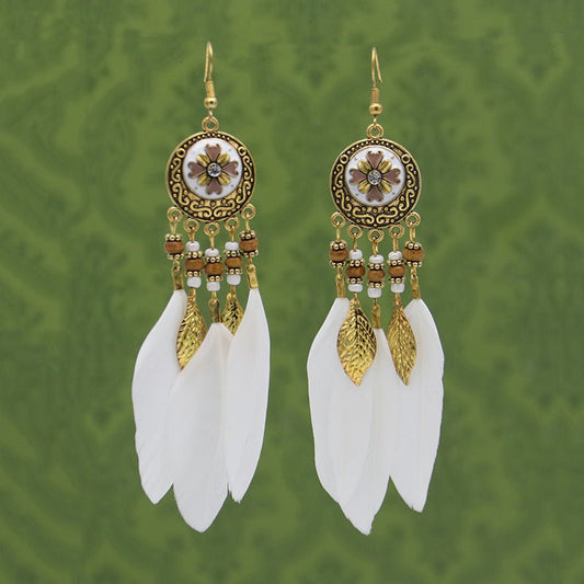 Vintage White Feather Tassel Earrings – Boho Chic Accessory White 2016