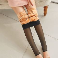 Warm Fleece - Lined Fake Translucent Plus Size Leggings 2pcs Black skin with feet