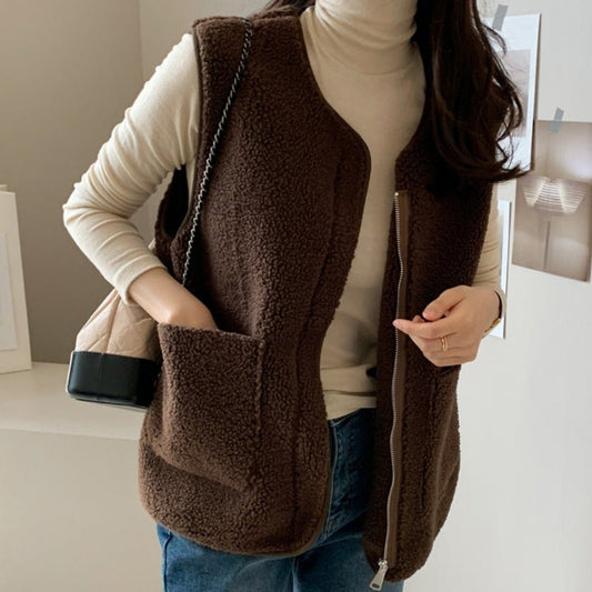 Warm Winter Stylish Knitted Lamb Wool Vest Jacket Woman Coffee