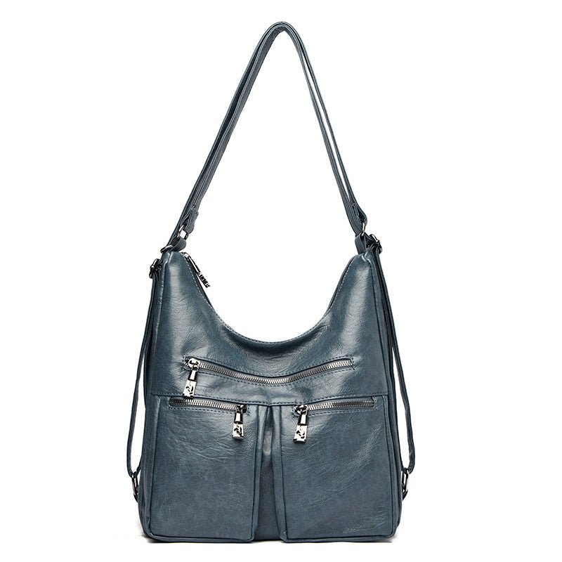 Washed Solid Color Large Shoulder Bag with Sheepskin Pattern Blue