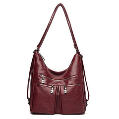 Washed Solid Color Large Shoulder Bag with Sheepskin Pattern Wine Red