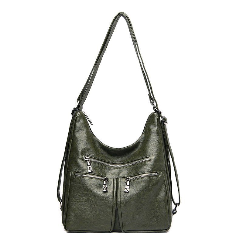 Washed Solid Color Large Shoulder Bag with Sheepskin Pattern Green