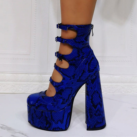 Waterproof Platform High Heels with Thick Heel and Serpentine Belt for Women Blue