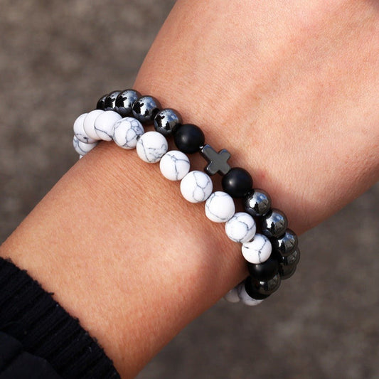 White - Barked Pine Black Iron Bracelet Cross Elastic Duo Set ZJ3109