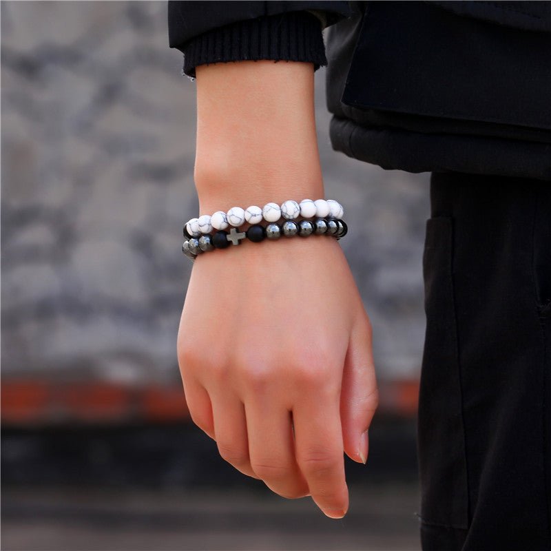 White - Barked Pine Black Iron Bracelet Cross Elastic Duo Set ZJ3109