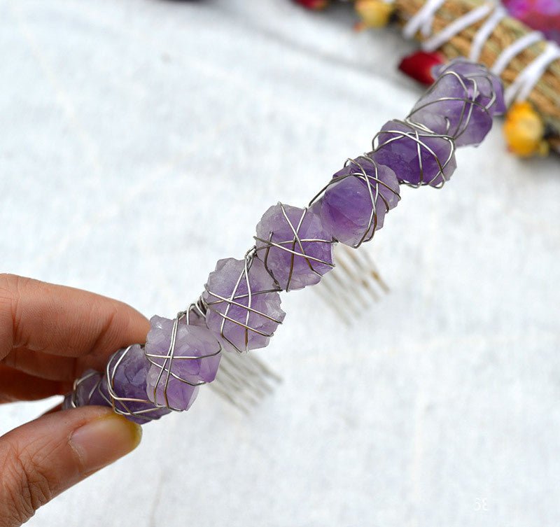 White Bohemian Style Hair Band with K Hair Band and Tail Comb Amethyst