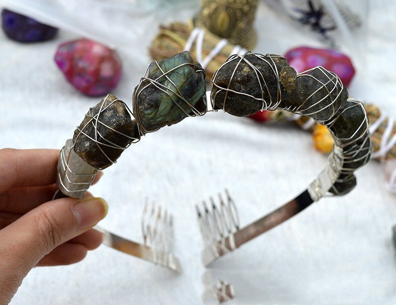 White Bohemian Style Hair Band with K Hair Band and Tail Comb Grey labradorite