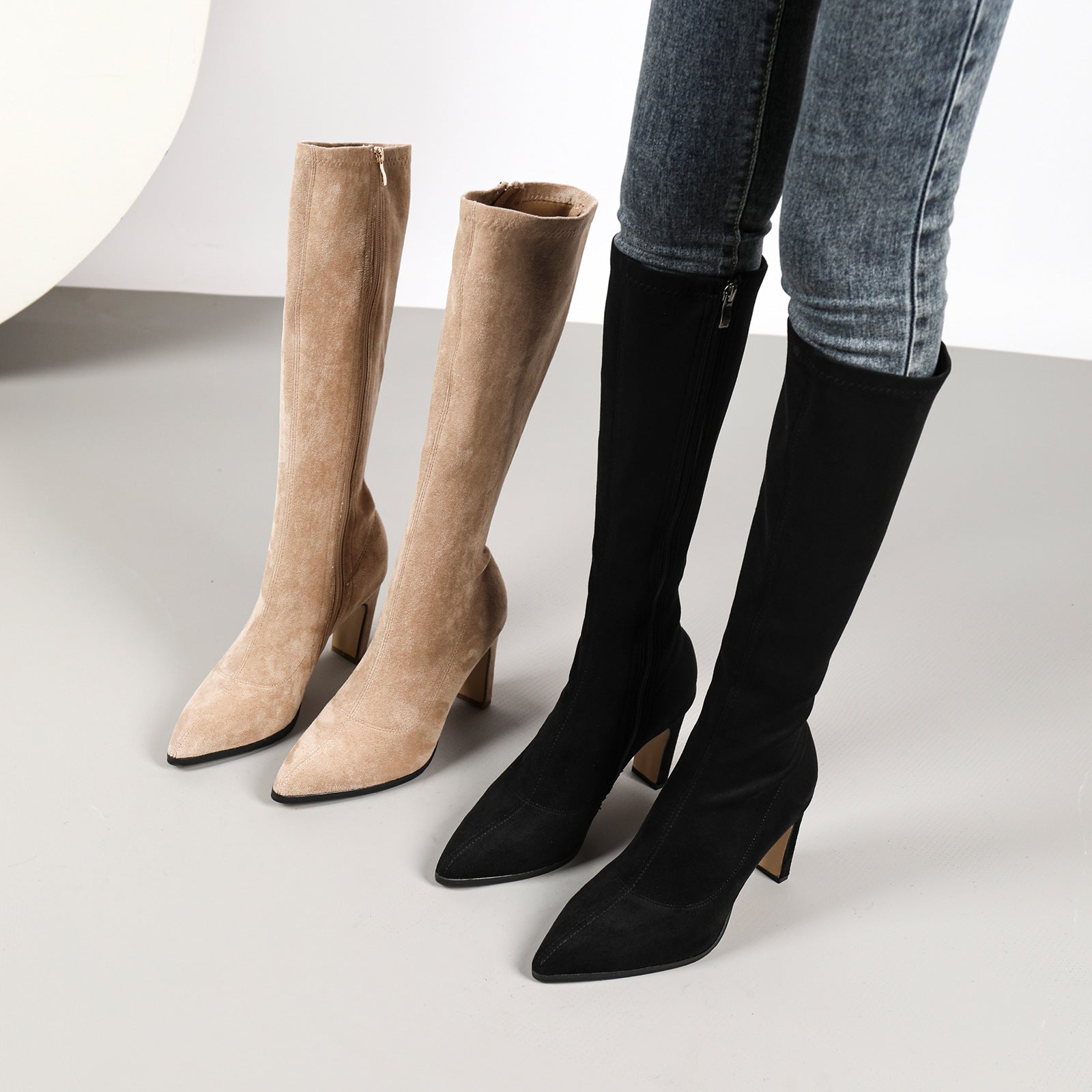 Winter Essentials Timeless Thick Heel High Suede Side Zipper Frye Boot Khaki Suede Single Lining