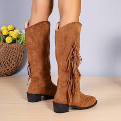 Winter Fringe Chunky Heel Long Boot Black