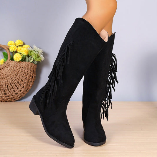 Winter Fringe Chunky Heel Long Boot Black