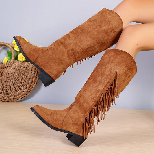 Winter Fringe Chunky Heel Long Boot Black