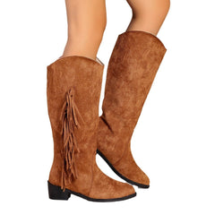 Winter Fringe Chunky Heel Long Boot Black
