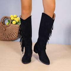 Winter Fringe Chunky Heel Long Boot Black