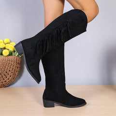 Winter Fringe Chunky Heel Long Boot Black