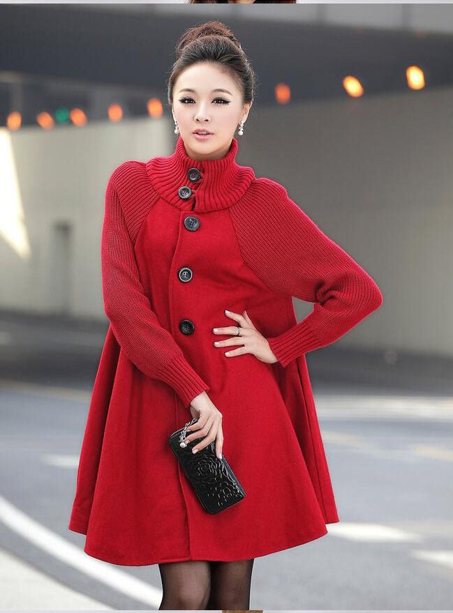 Winter Mid - length Loose Wool Overcoat Plus Size for Women's Red