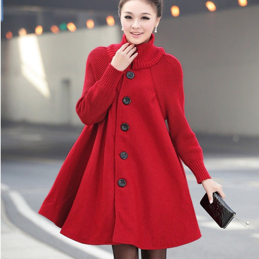 Winter Mid - length Loose Wool Overcoat Plus Size for Women's Black