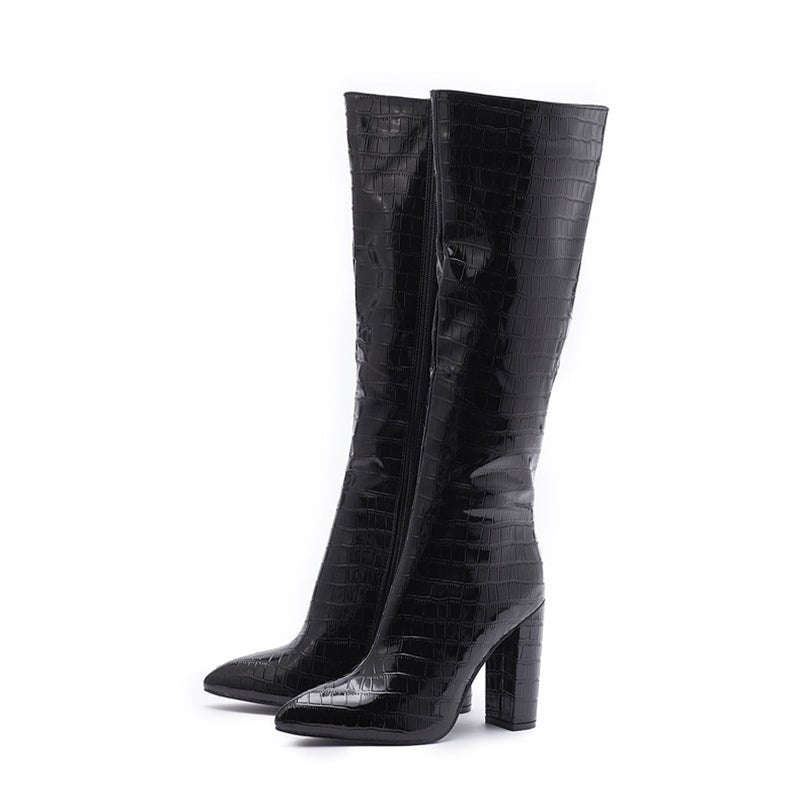 Winter Pointed Toe High Square Heel Shoes With Side Zipper Boots Women Black