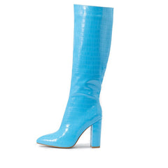 Winter Pointed Toe High Square Heel Shoes With Side Zipper Boots Women Blue