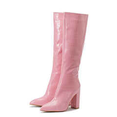 Winter Pointed Toe High Square Heel Shoes With Side Zipper Boots Women Pink