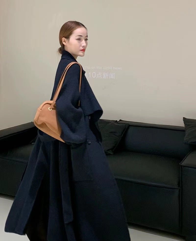 Winter Stylish Elegant Belted Cozy Knitted Trench Coat For Women Black