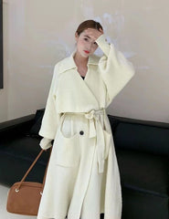 Winter Stylish Elegant Belted Cozy Knitted Trench Coat For Women Beige